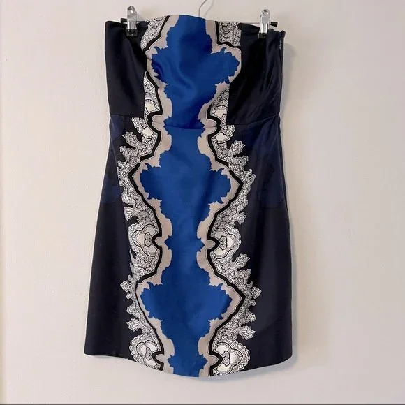Tibi Dresses | Tibi Strapless Empire Waist Silk Blend Paisley Bordered Pattern Mini Dress | Color: Blue/White | Size: 6 | Emmynelson's Closet